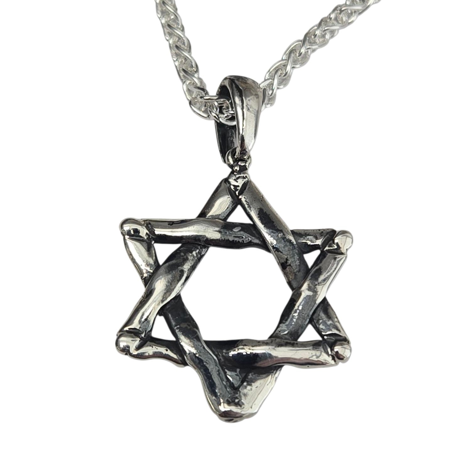 Sterling Silver Large Woven Oxidized Star of David Necklace