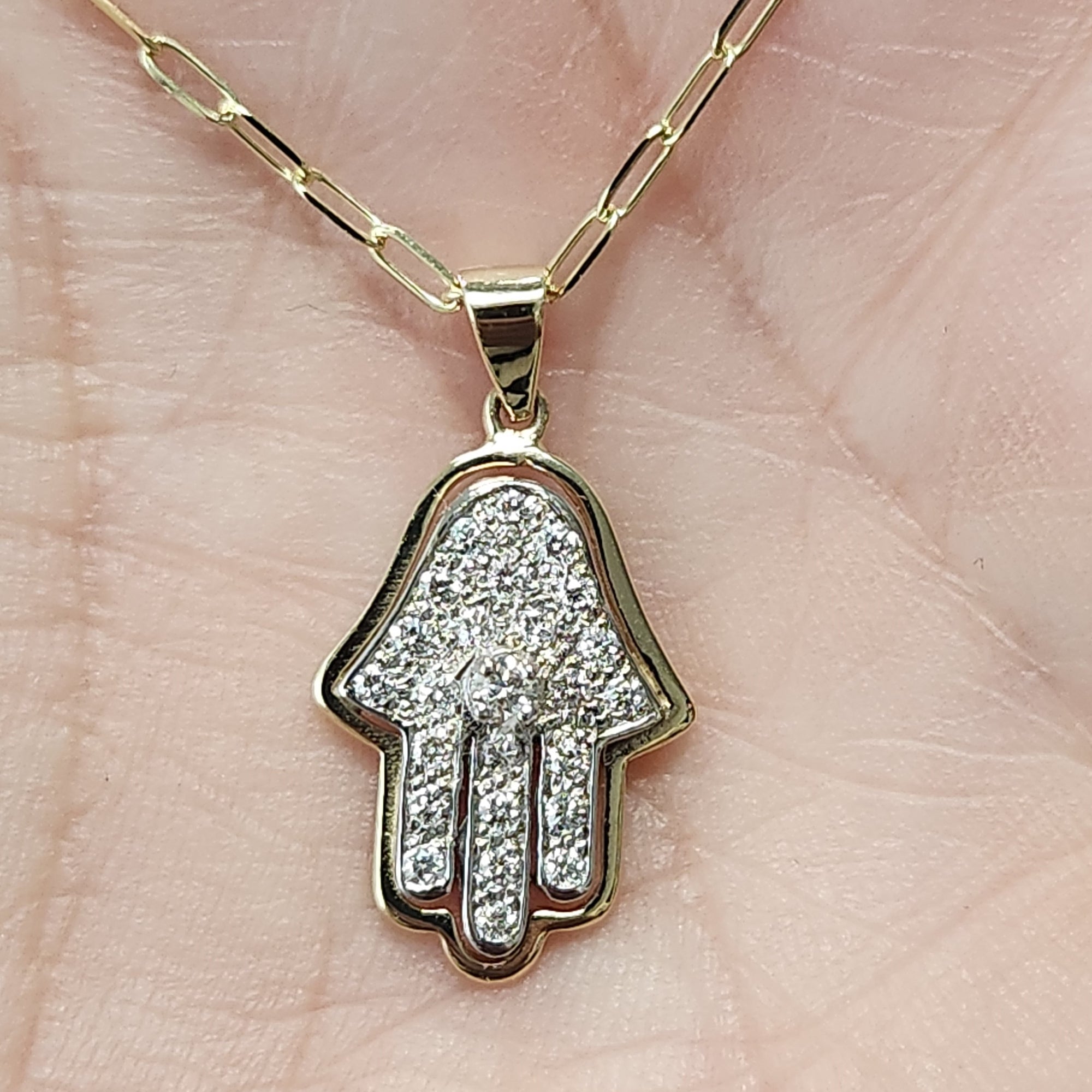 14k Yellow & White gold Hamsa Pendant Diamond Pave