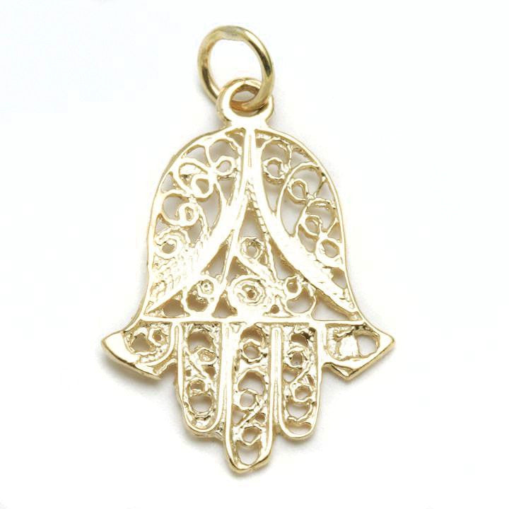 14k Yellow Gold Filigree Hamsa Pendant Yemenite - JewelryJudaica