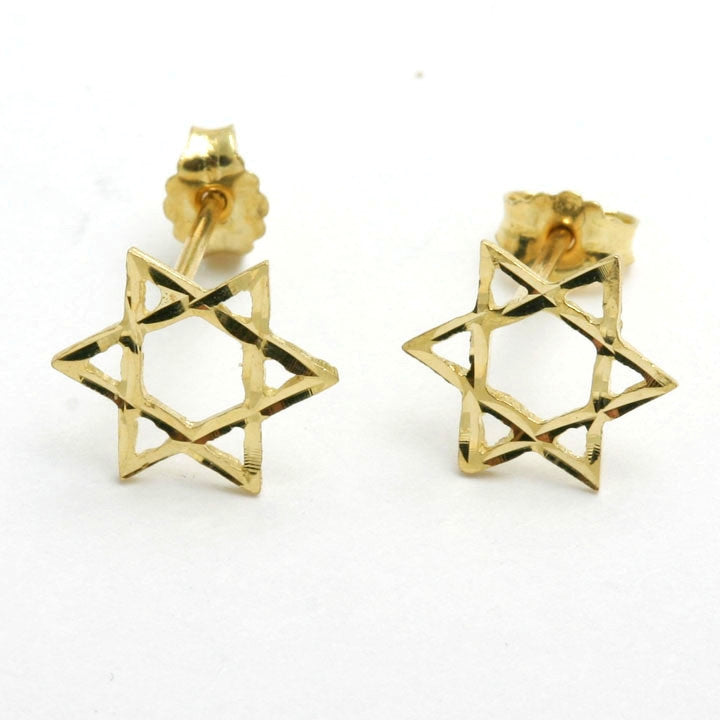 14k yellow gold Jewish Star of David Stud Earrings Diamond Cut - JewelryJudaica