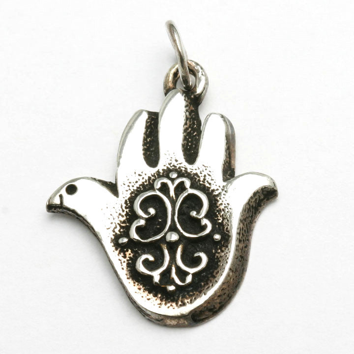 Sterling Silver Hamsa Dove Filigree Pendant Hand Oxidized - JewelryJudaica