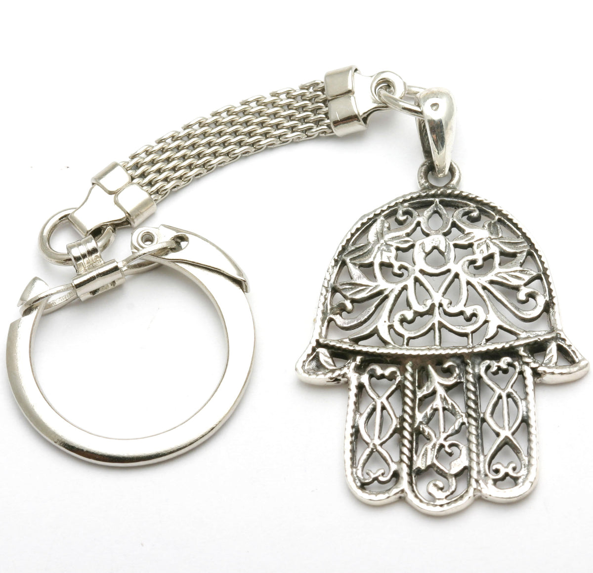 Sterling Silver Hamsa Filigree Keychain Large - JewelryJudaica