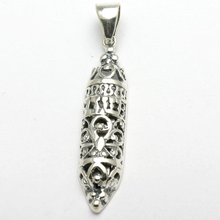 Sterling Silver Mezuzah Pendant Filigree Shadai Large - JewelryJudaica