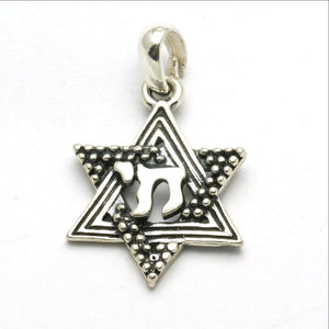 Sterling Silver Star of David Chai Pendant Oxidized Small - JewelryJudaica
