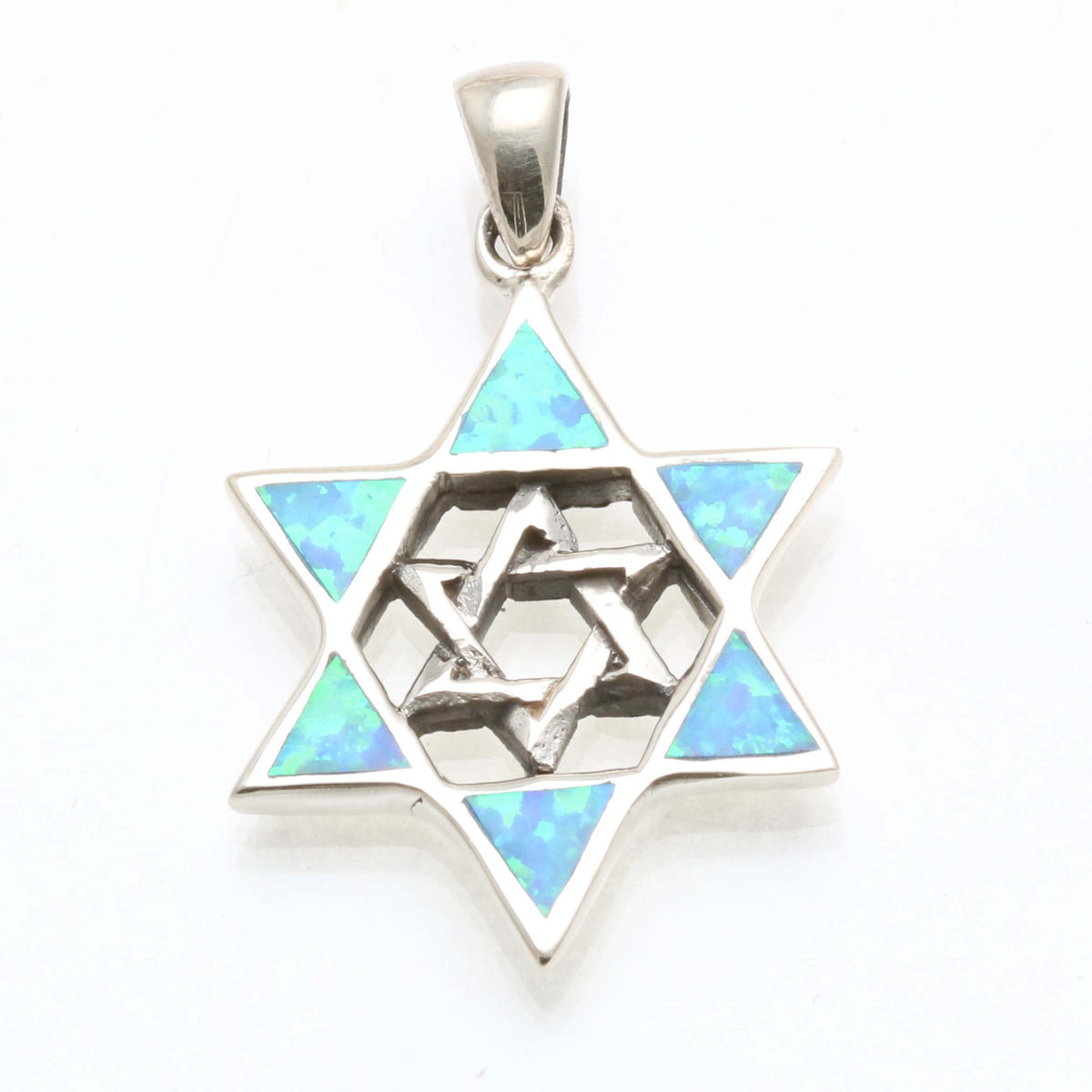 Sterling Silver Opalite Double Jewish Star of David Pendant - JewelryJudaica