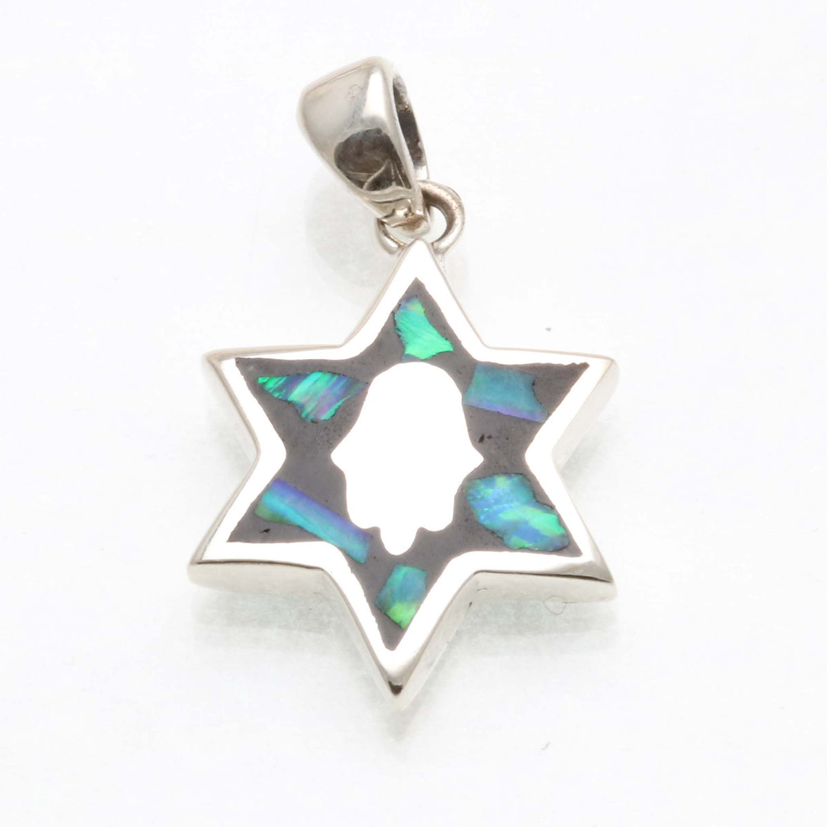 Sterling Silver Star of David Hamsa Opal Pendant Double Sided Solid - JewelryJudaica