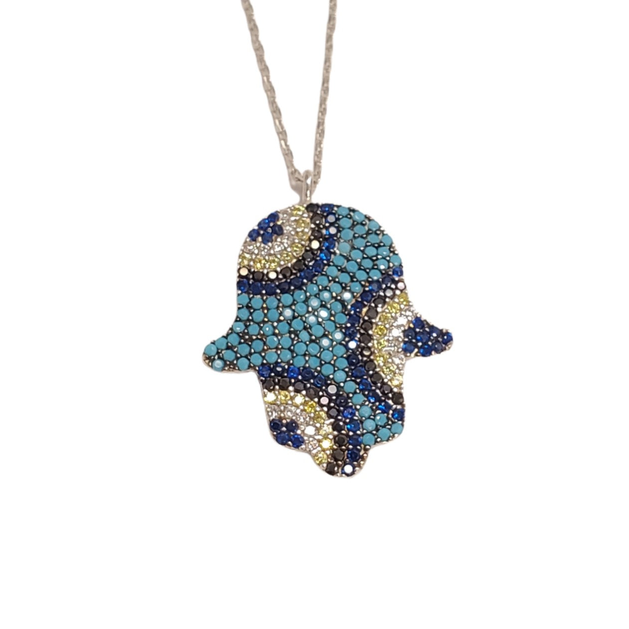 Sterling Silver Turquoise Hamsa Pave Necklace Multicolor