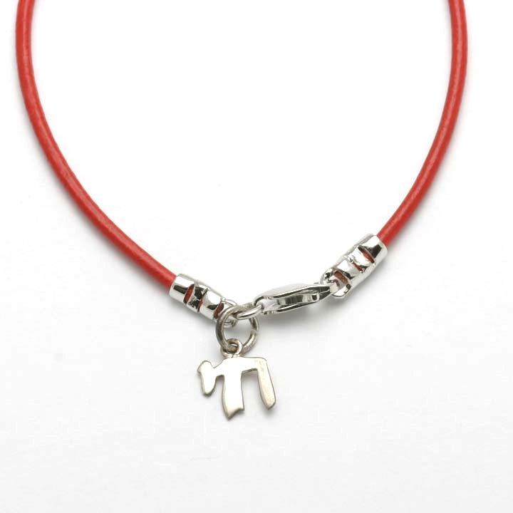 Sterling Silver Chai Red Leather Bracelet Judaica - JewelryJudaica