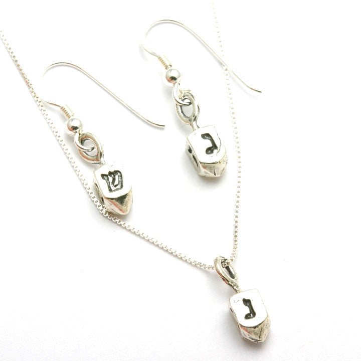 Sterling Silver 3D Dreidel Necklace & Earrings Set Hannukah - JewelryJudaica