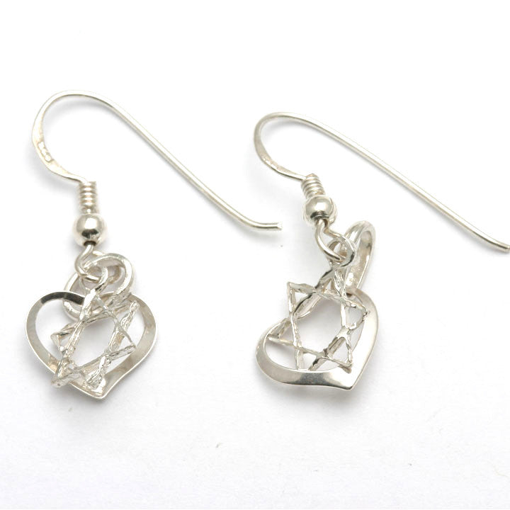 Sterling Silver Star of David Heart Dangle Earrings - JewelryJudaica