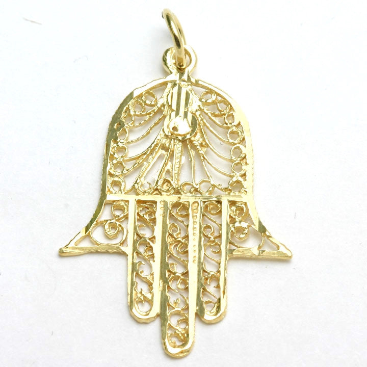 14K Yellow Gold Filigree Hamsa Hand Pendant - JewelryJudaica
