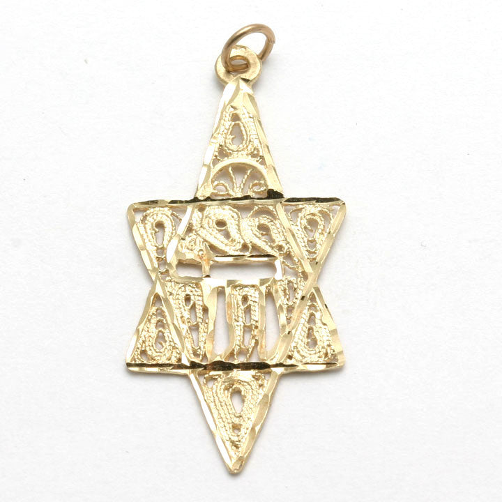14k Yellow Gold Star of David Chai Pendant Filigree - JewelryJudaica