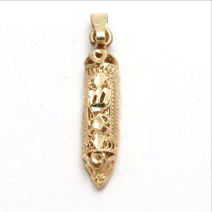 14k Yellow Gold Filigree Mezuzah Pendant Small Made in Israel - JewelryJudaica