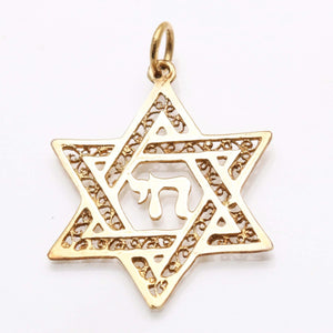 14k Yellow gold Filigree Jewish Star of David Chai Pendant Large - JewelryJudaica