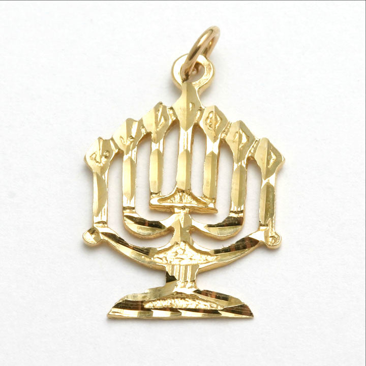 14k Yellw Gold Menorah Pendant Diamond Cut - JewelryJudaica