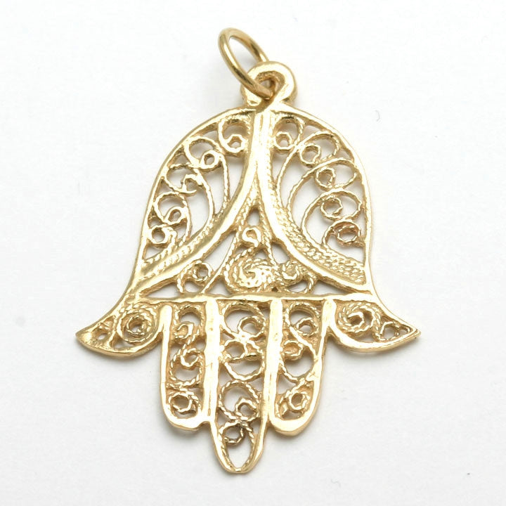 14k Yellow Gold Hamsa Filigree Large Hand of G-d - JewelryJudaica