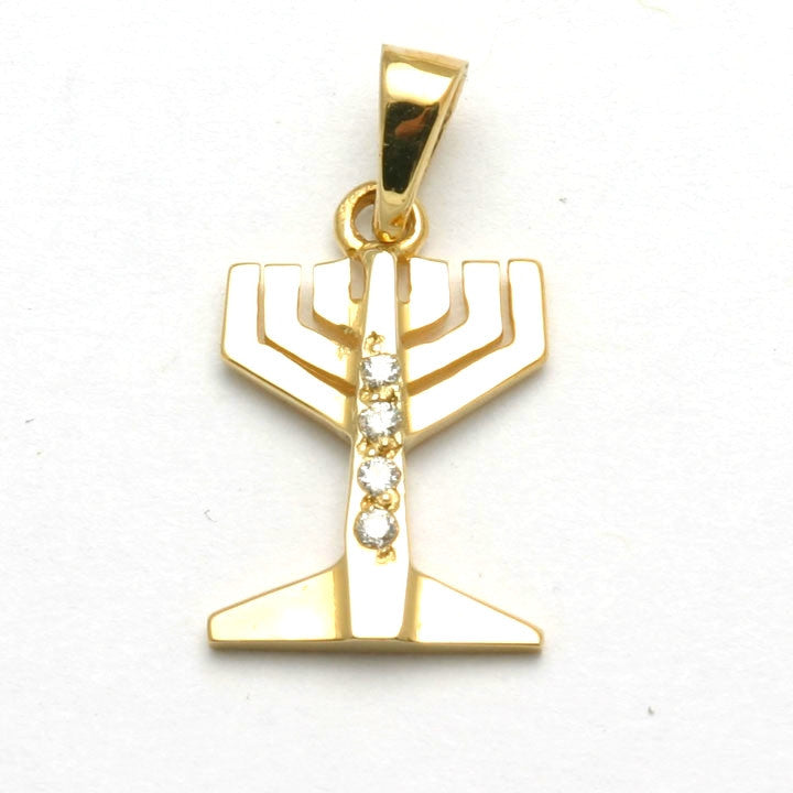14k Yellow Gold Diamond Menorah Pendant Small Judaica - JewelryJudaica