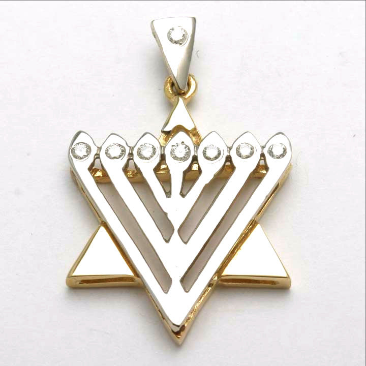 14k Yellow & White Gold Menorah Diamond Star of David Pendant - JewelryJudaica