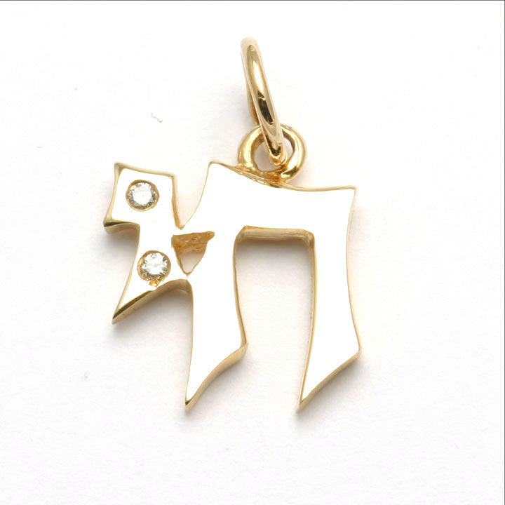 14k Yellow gold Diamond Chai Pendant Solid Modern - JewelryJudaica