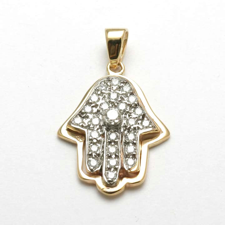 14k Yellow & White gold Hamsa Pendant Diamond Pave - JewelryJudaica