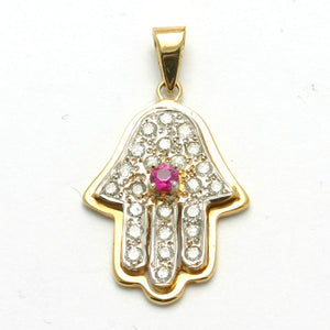 14k Yellow & White gold Hamsa Pendant Diamond Ruby - JewelryJudaica