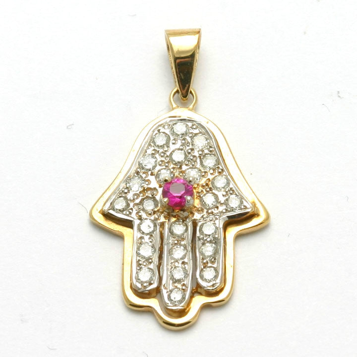 14k Yellow & White gold Hamsa Pendant Diamond Ruby - JewelryJudaica