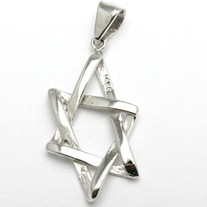 White Gold Star of David Pendant Woven Large Modern - JewelryJudaica