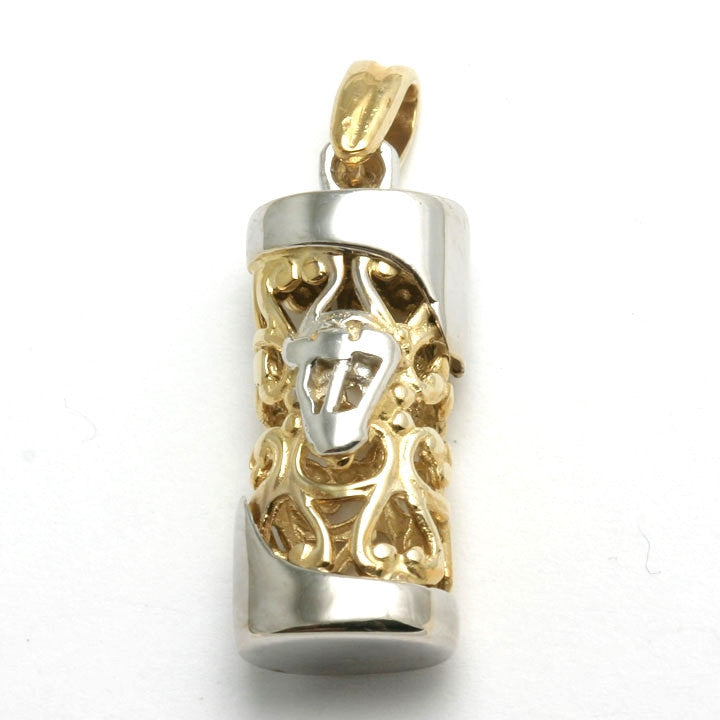 14k Yellow & White Gold Mezuzah Pendant Filigree - JewelryJudaica