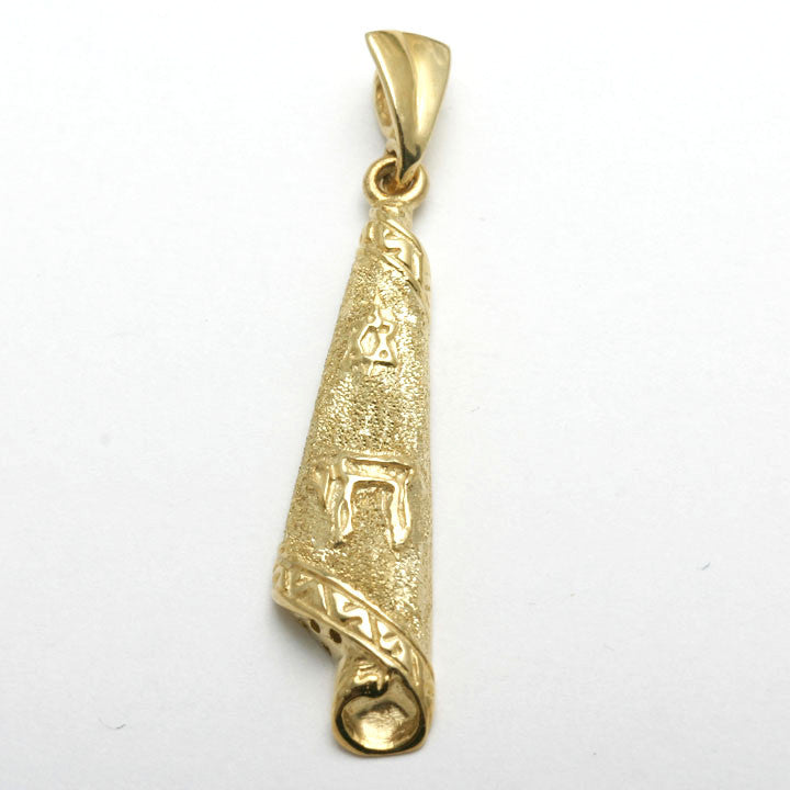 14k Yellow Gold Mezuzah Scroll Pendant Star of David Brushed - JewelryJudaica
