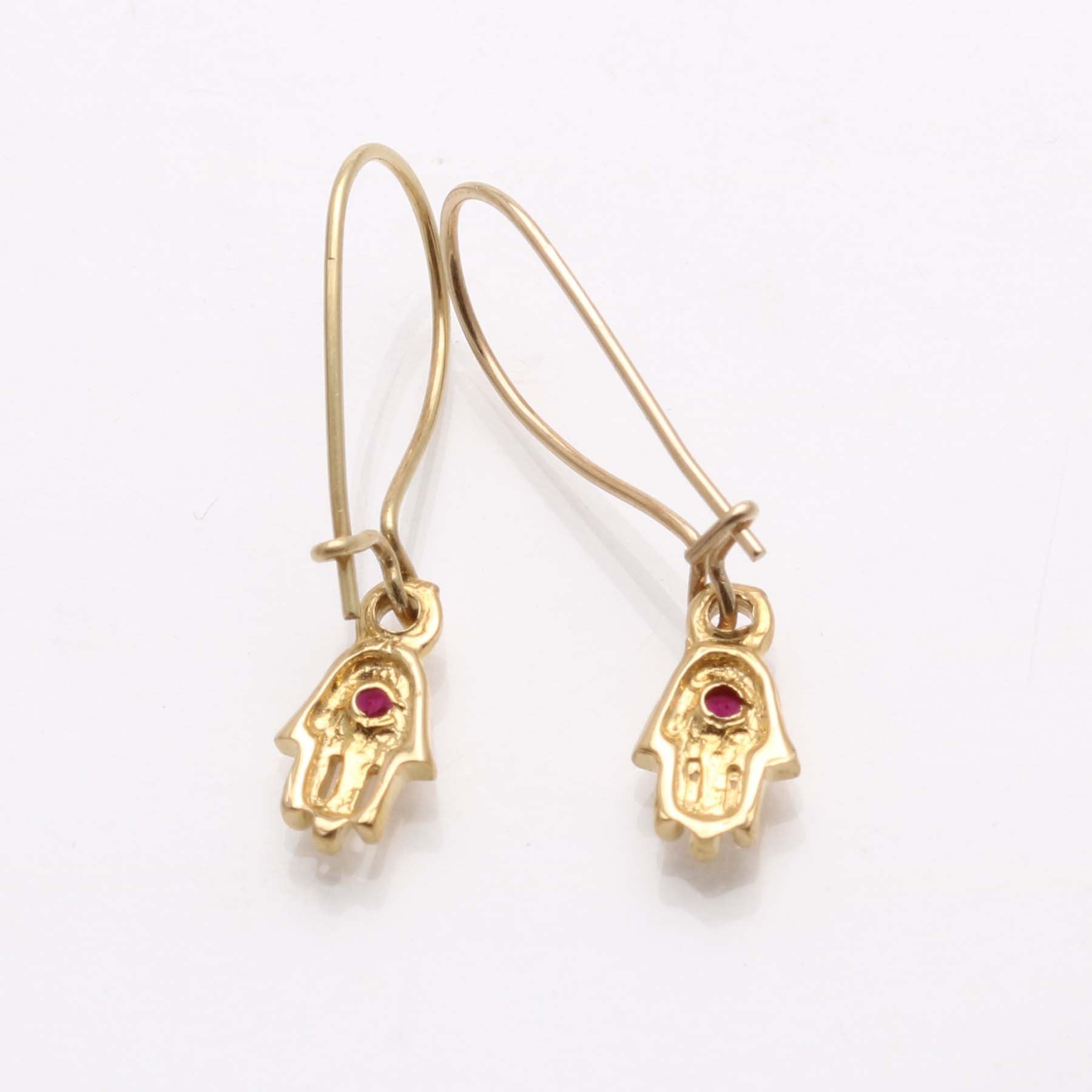 14k Yellow Gold Hamsa Red Ruby Dangle Earrings - JewelryJudaica