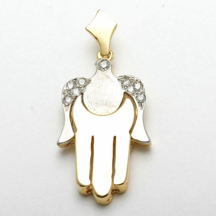 14k Yellow & White gold Hamsa Diamond Pendant Dove Bird - JewelryJudaica