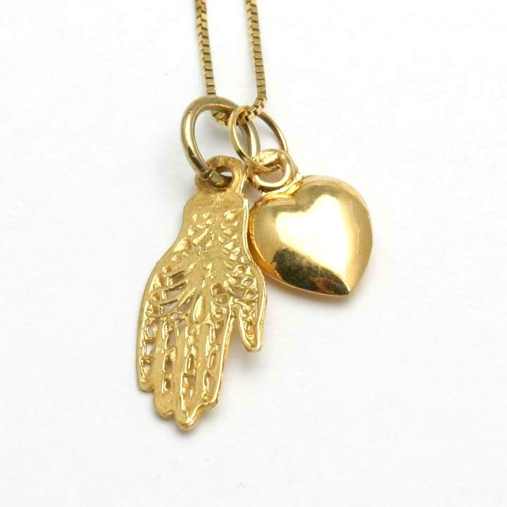 14k Yellow Gold Hamsa Filigree Heart Charm Necklace - JewelryJudaica