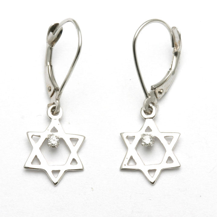 14k White Gold Jewish Star of David Diamond Dangle Earrings Leverback - JewelryJudaica