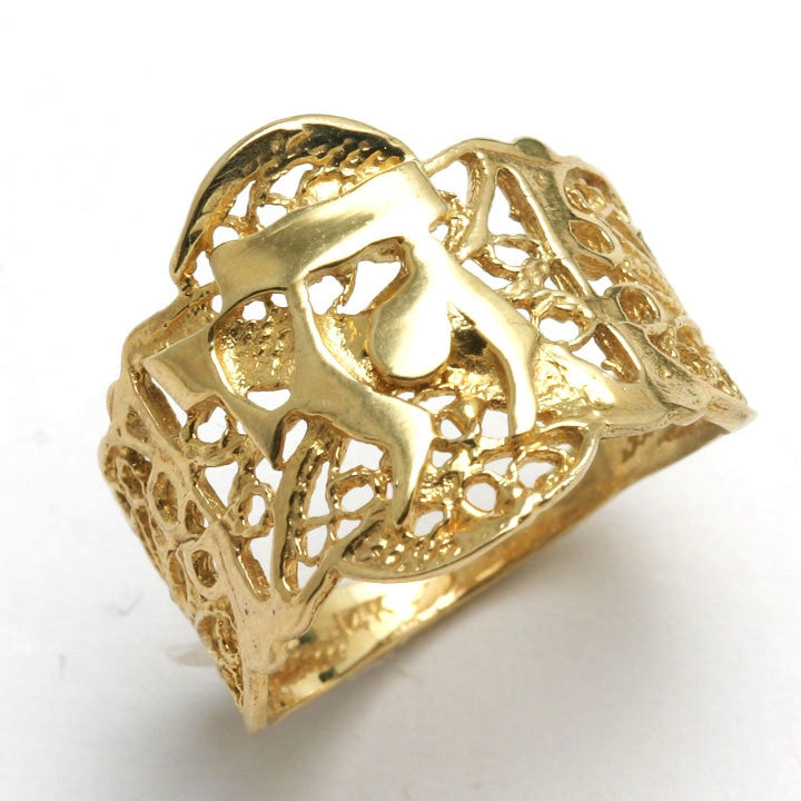 14k Yellow gold Chai Filigree Wide Ring Judaica - JewelryJudaica