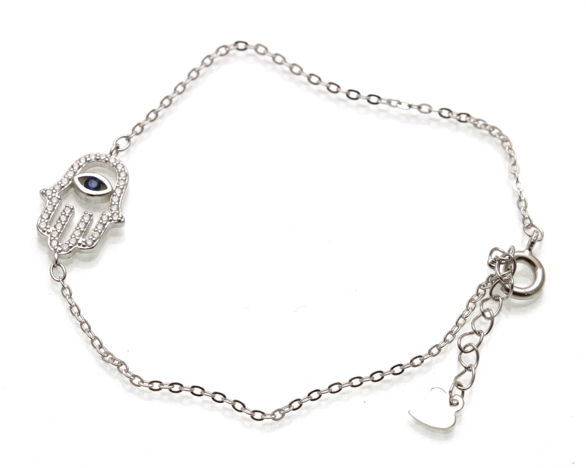 Hamsa Evil Eye Sterling Silver CZ bracelet blue white