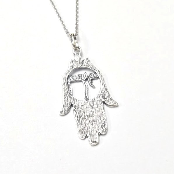 Sterling Silver Hamsa Chai Oxidized Necklace