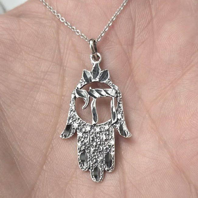 Sterling Silver Hamsa Chai Oxidized Necklace