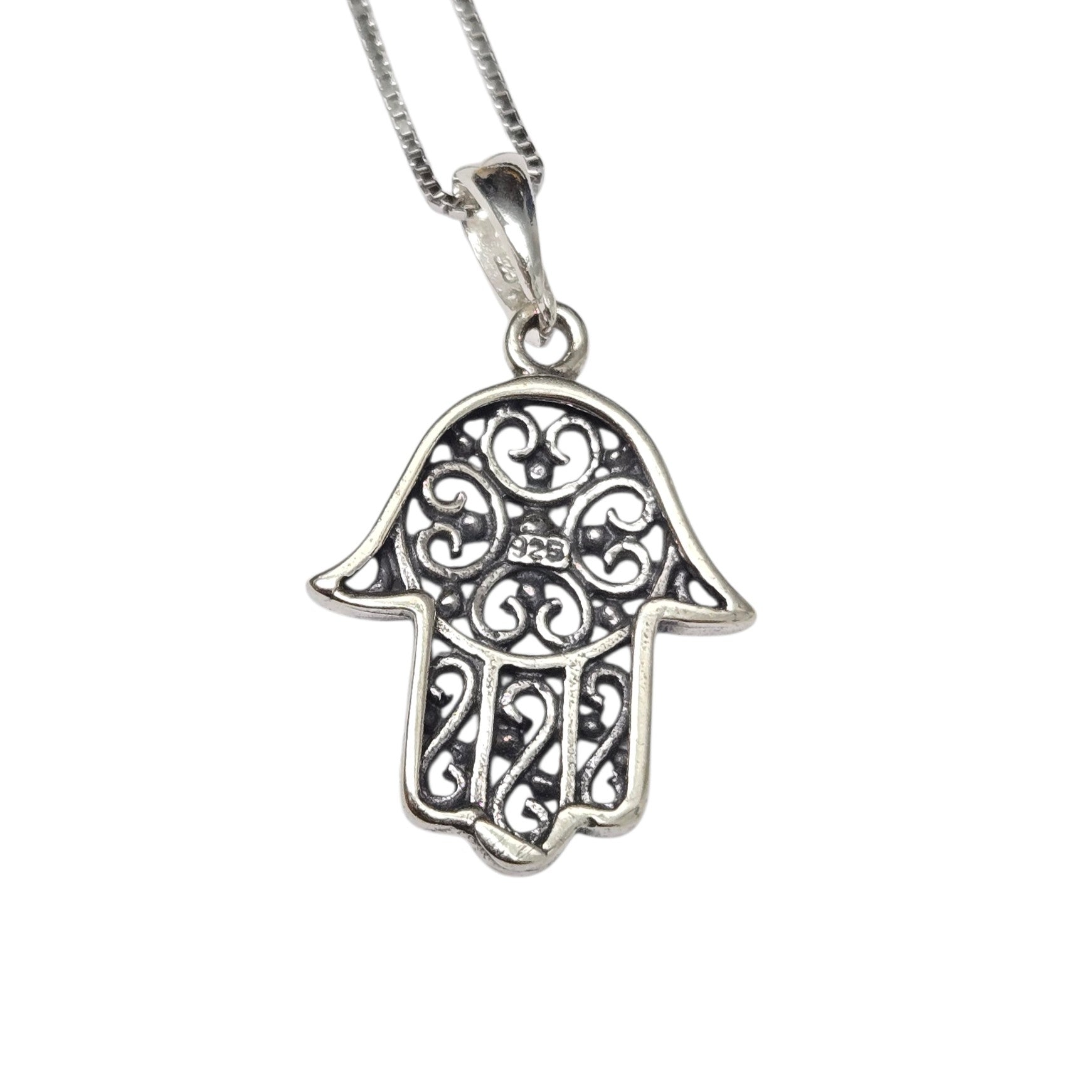 Sterling Silver Filigree Hamsa Necklace Large