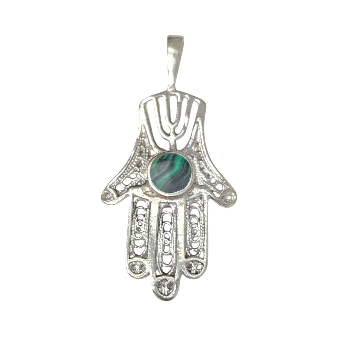 Sterling Silver Hamsa Eilat Stone Pendant Filigree Menorah