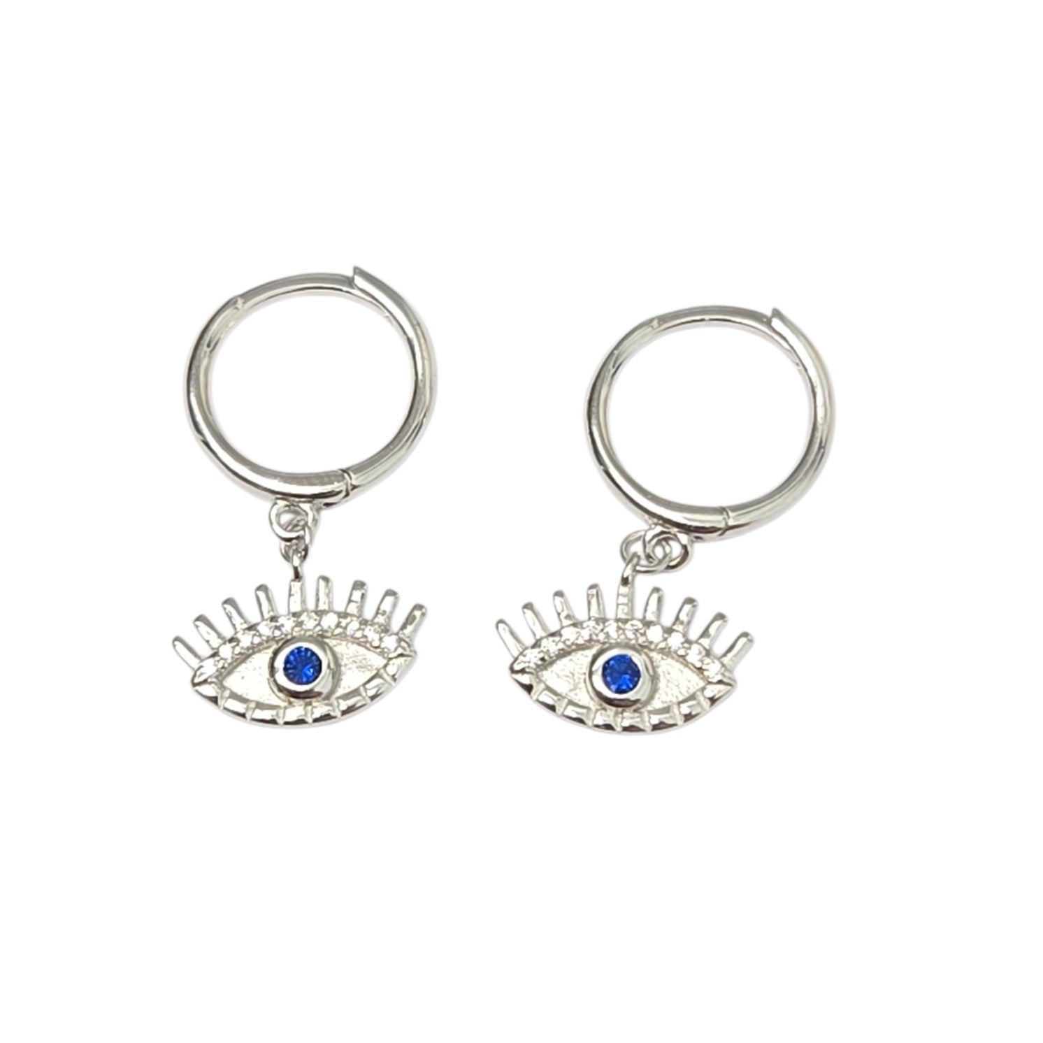 Sterling Silver Evil Eye Dangle Hoop Earrings Blue