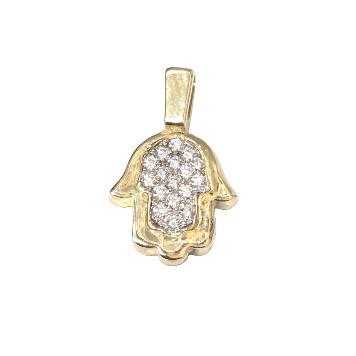 A gold Hamsa hand pendant featuring a pavé diamond center, shown on a plain white background.