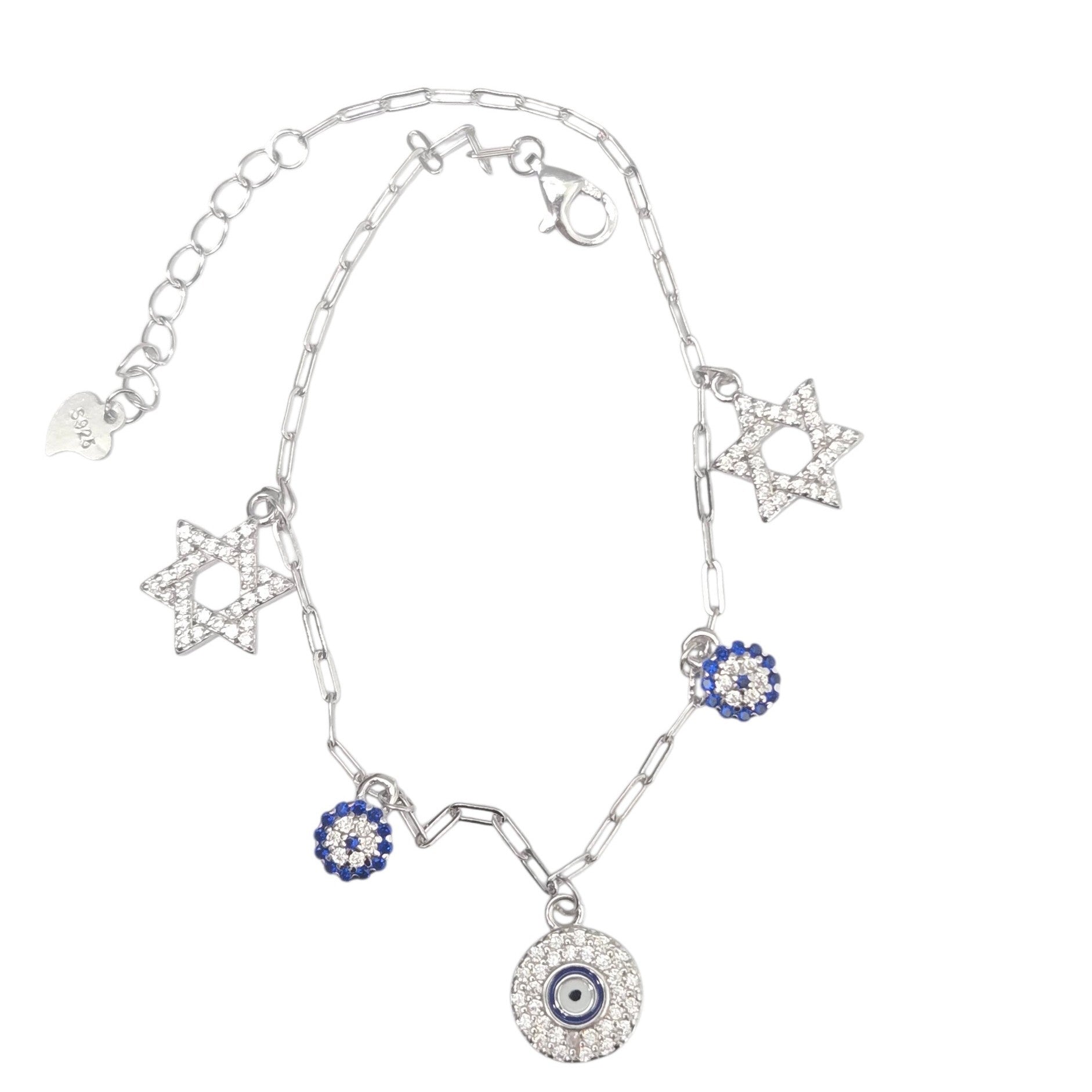 Sterling Silver Star of David Evil Eye CZ Charm Bracelet Blue White