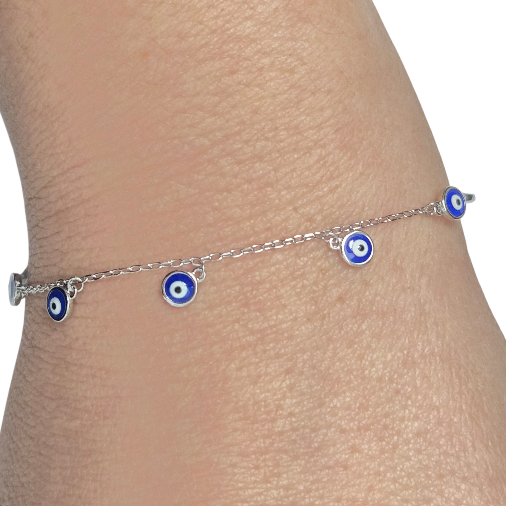 Sterling Silver Blue Evil Eye Dangle Bracelet