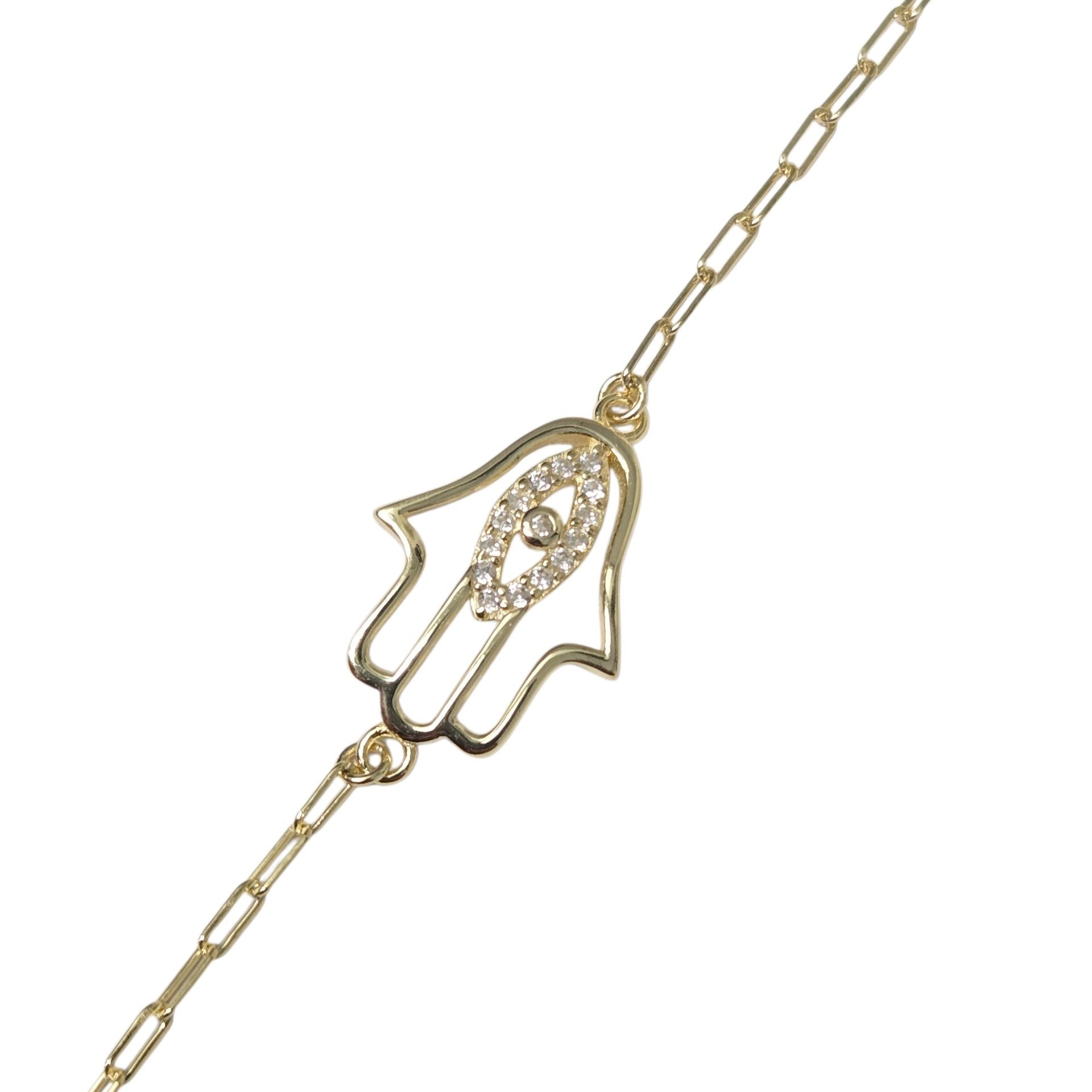 Gold Plated Hamsa Bracelet CZ Sterling Silver Paperclip