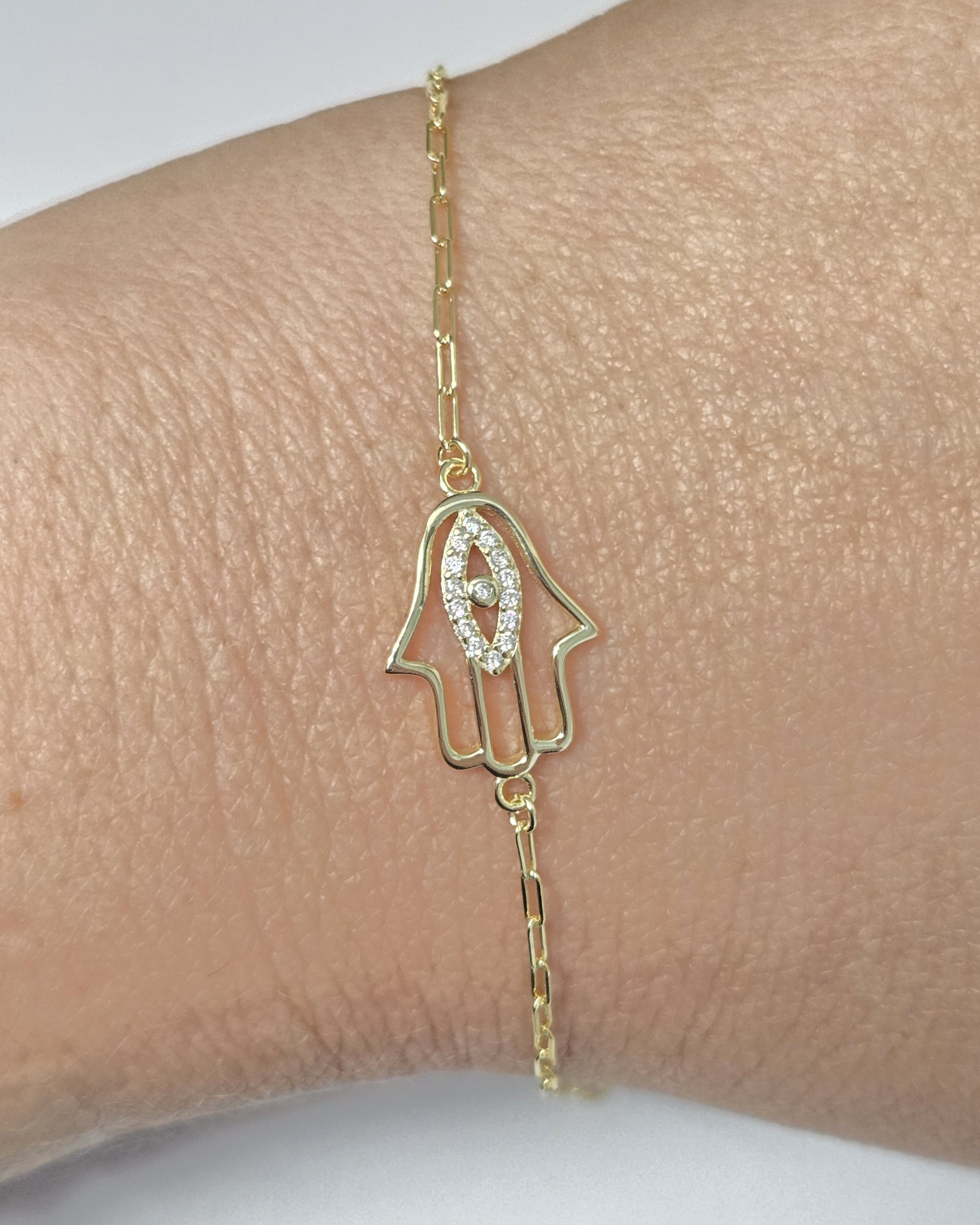 Gold Plated Hamsa Bracelet CZ Sterling Silver Paperclip