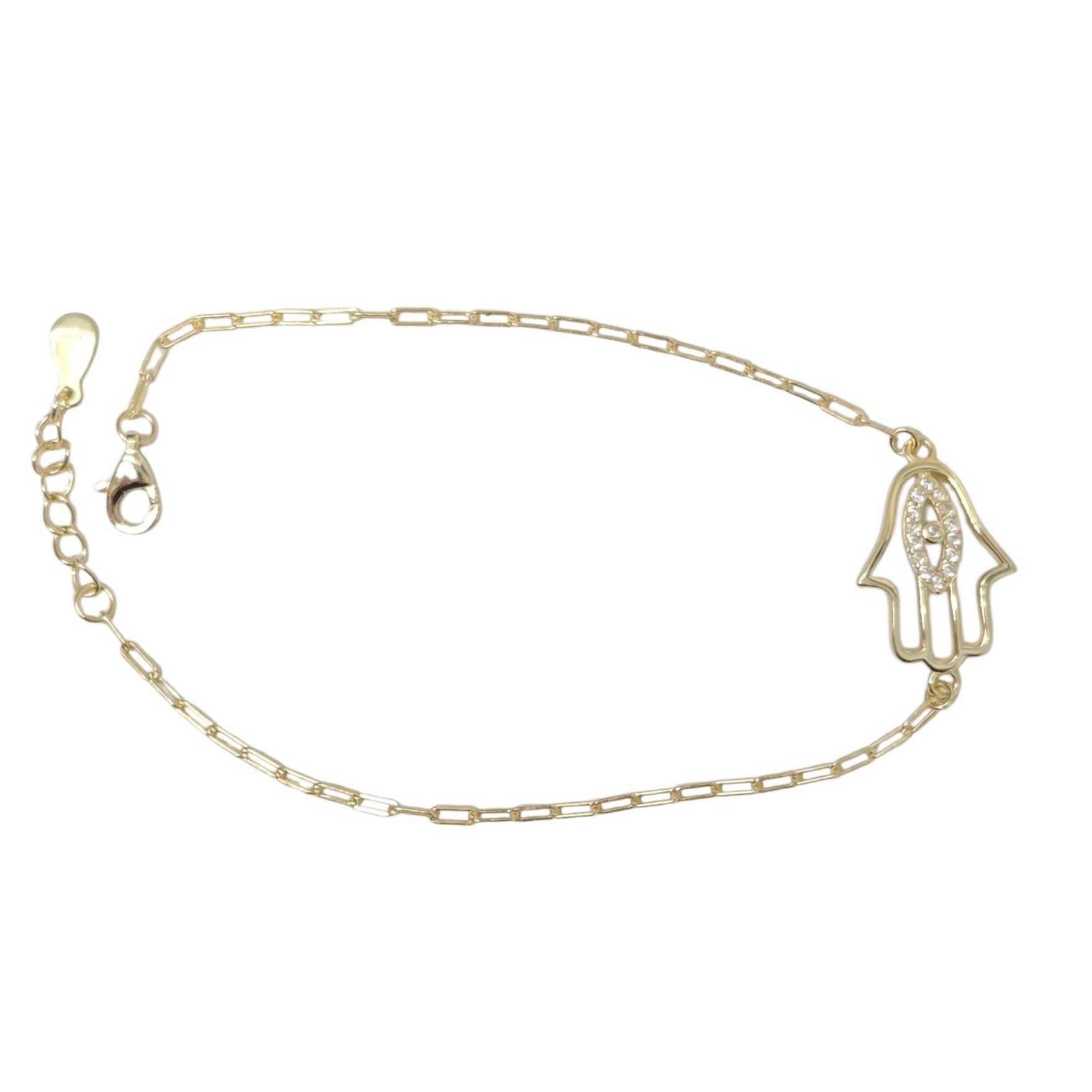 Gold Plated Hamsa Bracelet CZ Sterling Silver Paperclip