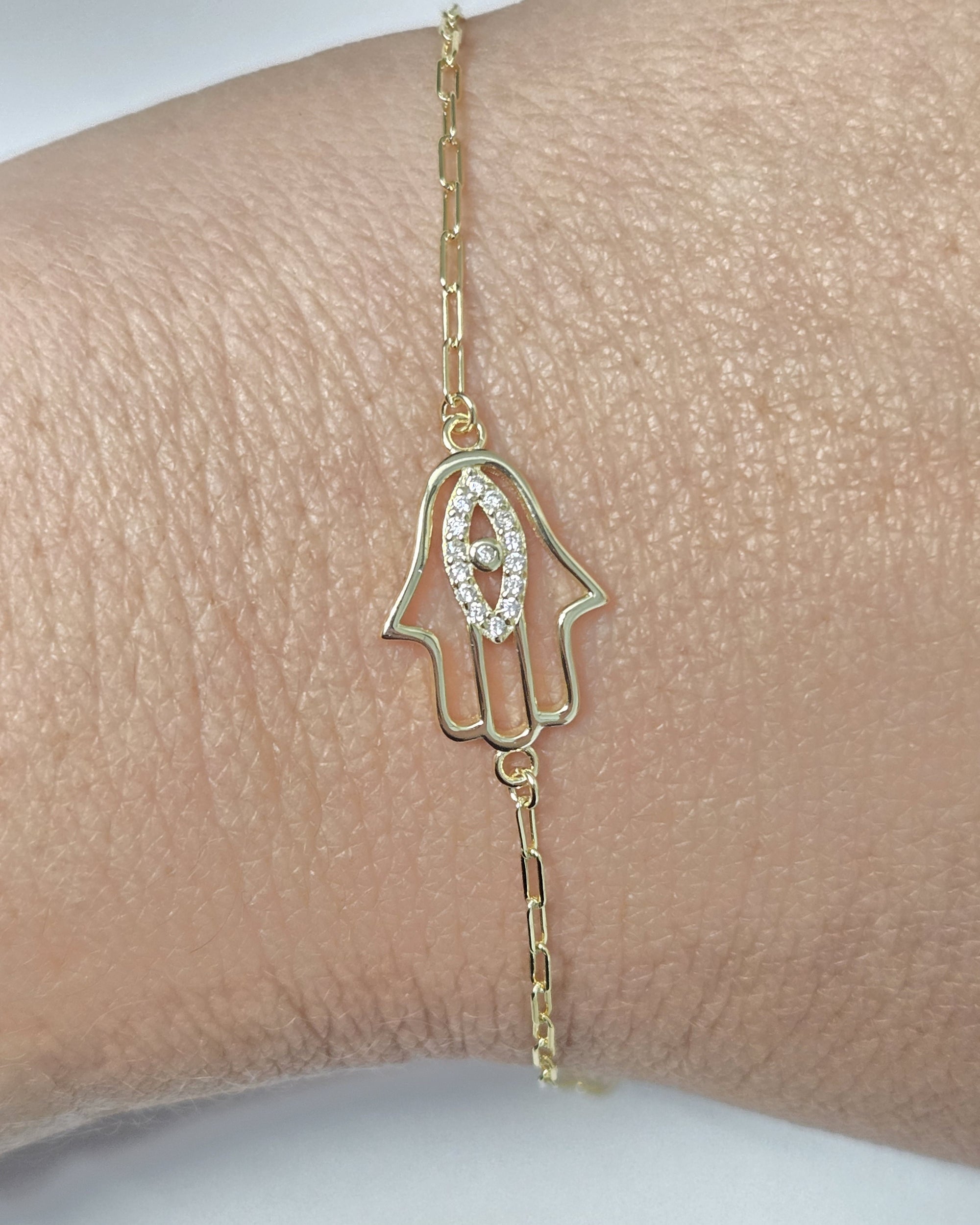 Gold Plated Hamsa Bracelet CZ Sterling Silver Paperclip