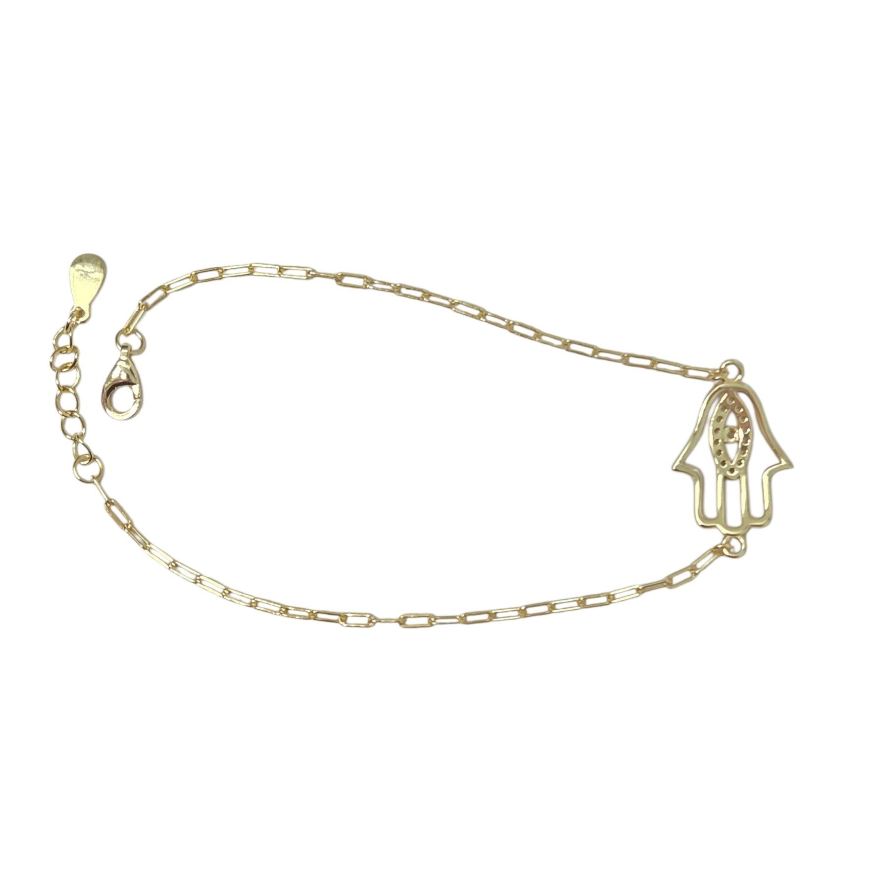 Gold Plated Hamsa Bracelet CZ Sterling Silver Paperclip
