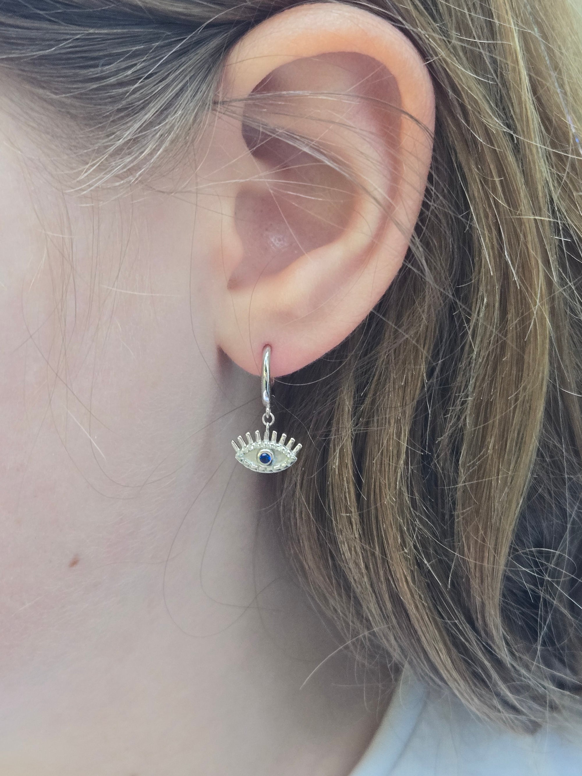 Sterling Silver Evil Eye Dangle Hoop Earrings Blue