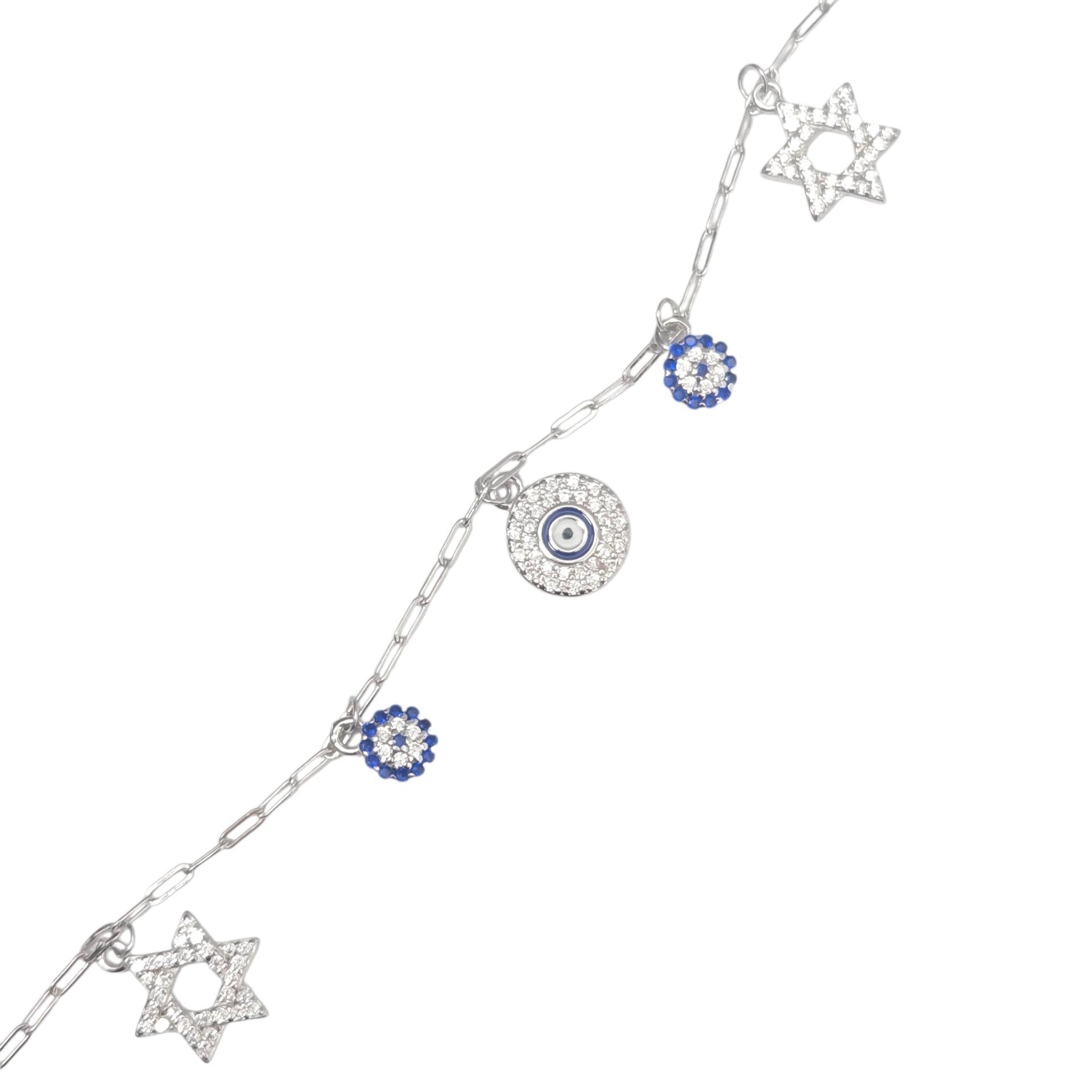 Sterling Silver Star of David Evil Eye CZ Charm Bracelet Blue White